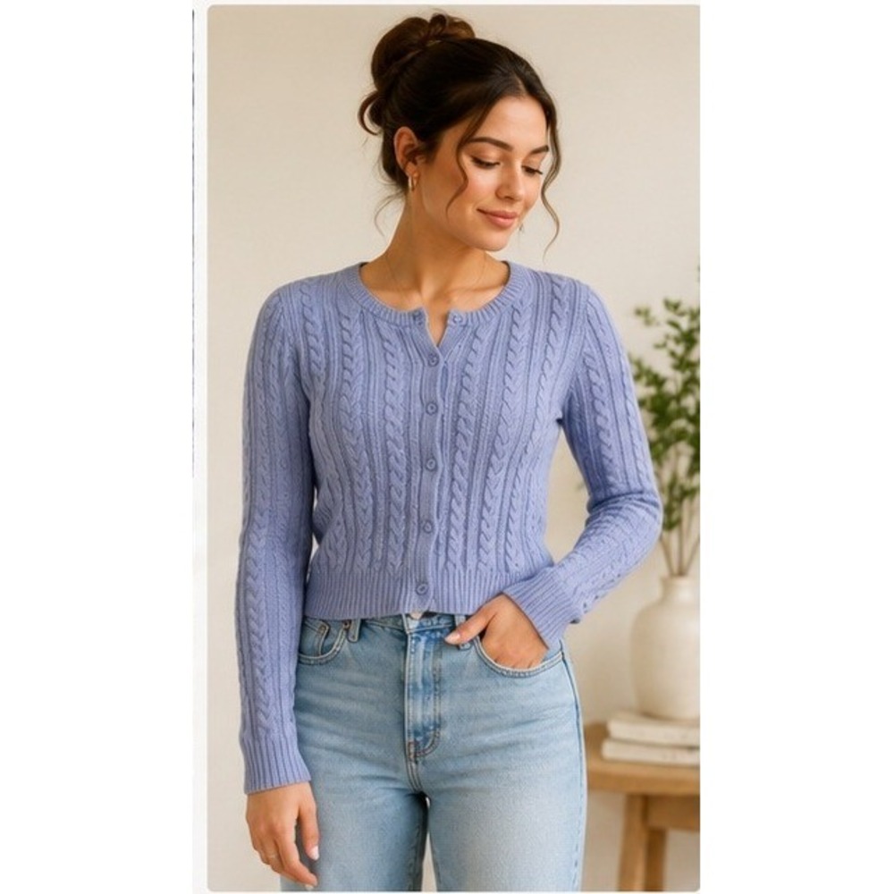 Hollister Cable Knit Cardigan Cottagecore Medium Coquette Coastal Blue Cropped